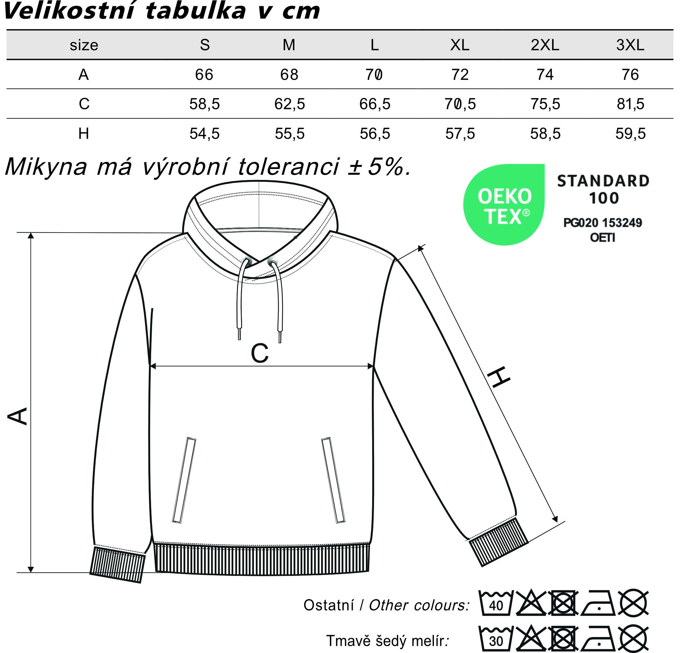 velikostní tabulka mikina moon